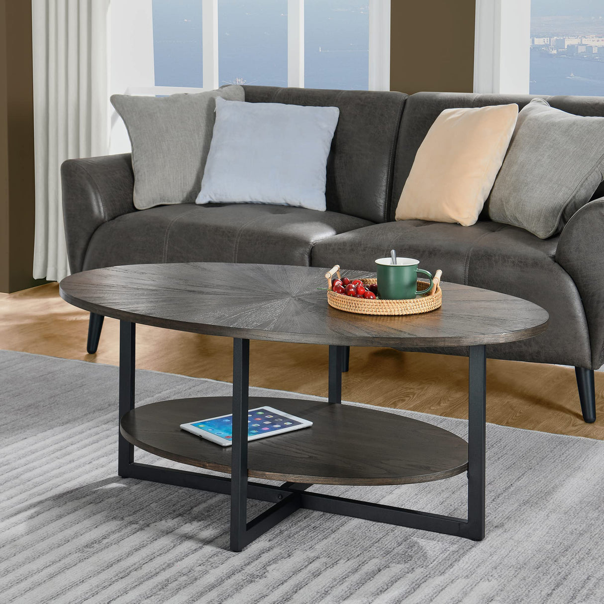 Oval Coffee Table with Storage Shelf, 43.3” Farmhouse Sofa Center Table