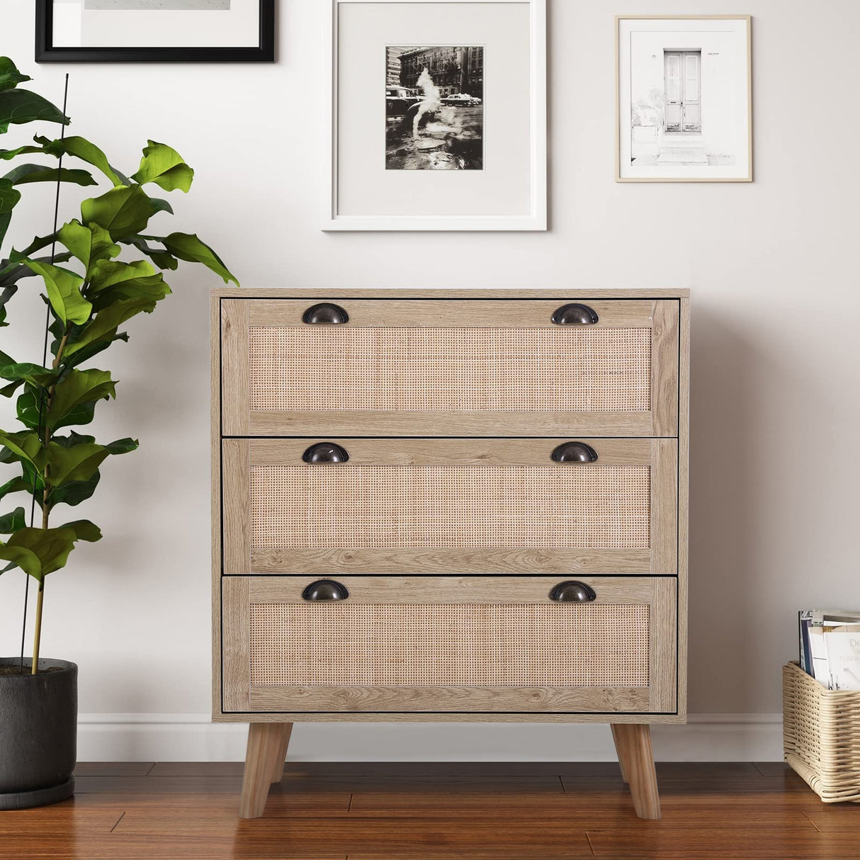 Rattan Cabinet Boho Dresser 3-Drawer Chest of Drawers/Accent Storage Cabinet/Nightstand