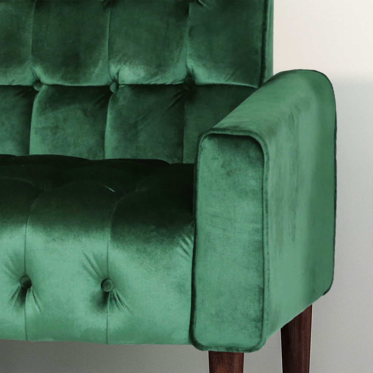 Adan Tufted Velvet Sofa Tipped Tapered Legs, Emerald and Gold Finish