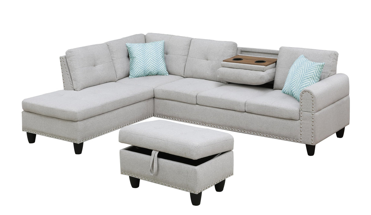 Shaped Sectional Couch with Storage Ottoman and 2 Cup Holders