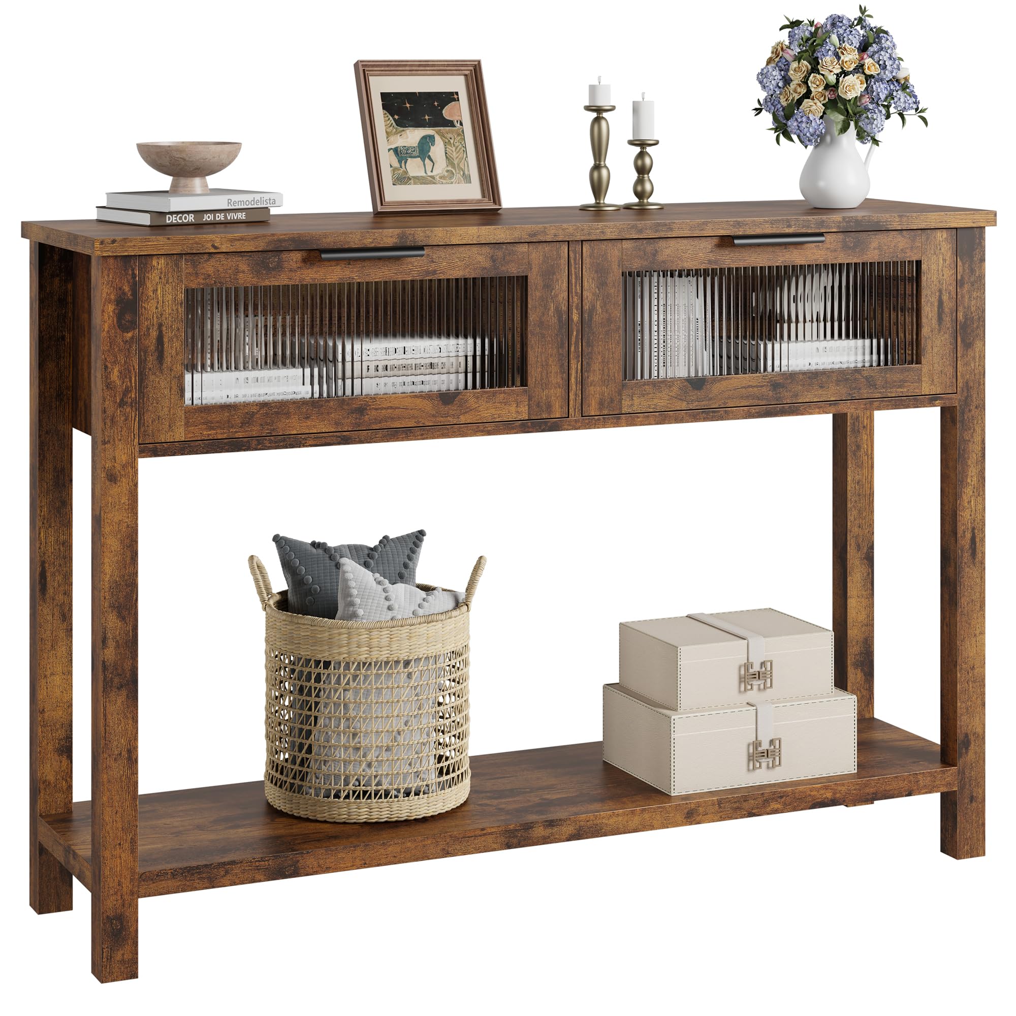 Entryway Table, Wood Sofa Table with 2 Glass Drawers, 2 Tier Console Table Storage