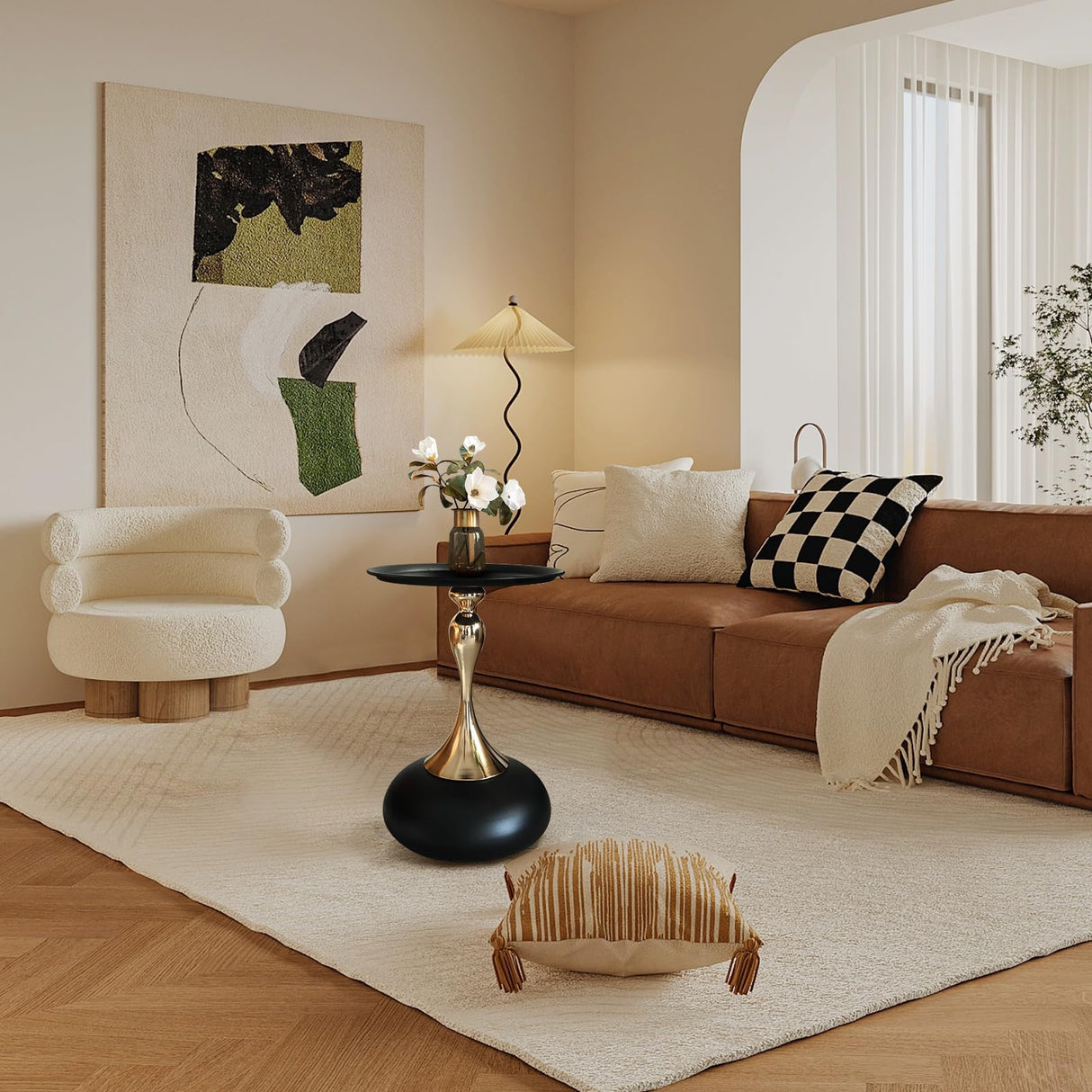 Small End Table Round Side Table, Black Modern Metal Pedestal Table