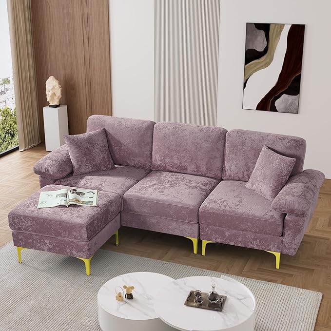 L Shaped Sectional Sofa Couch, 88.5" Comfy Upholstered Velvet 3 Seat Sofa Set