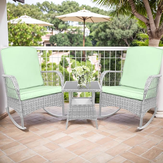 3 pcs Rocking Bistro Set Conversation Chairs PE Wicker Outdoor Chairs(Rocking Set,Khaki)