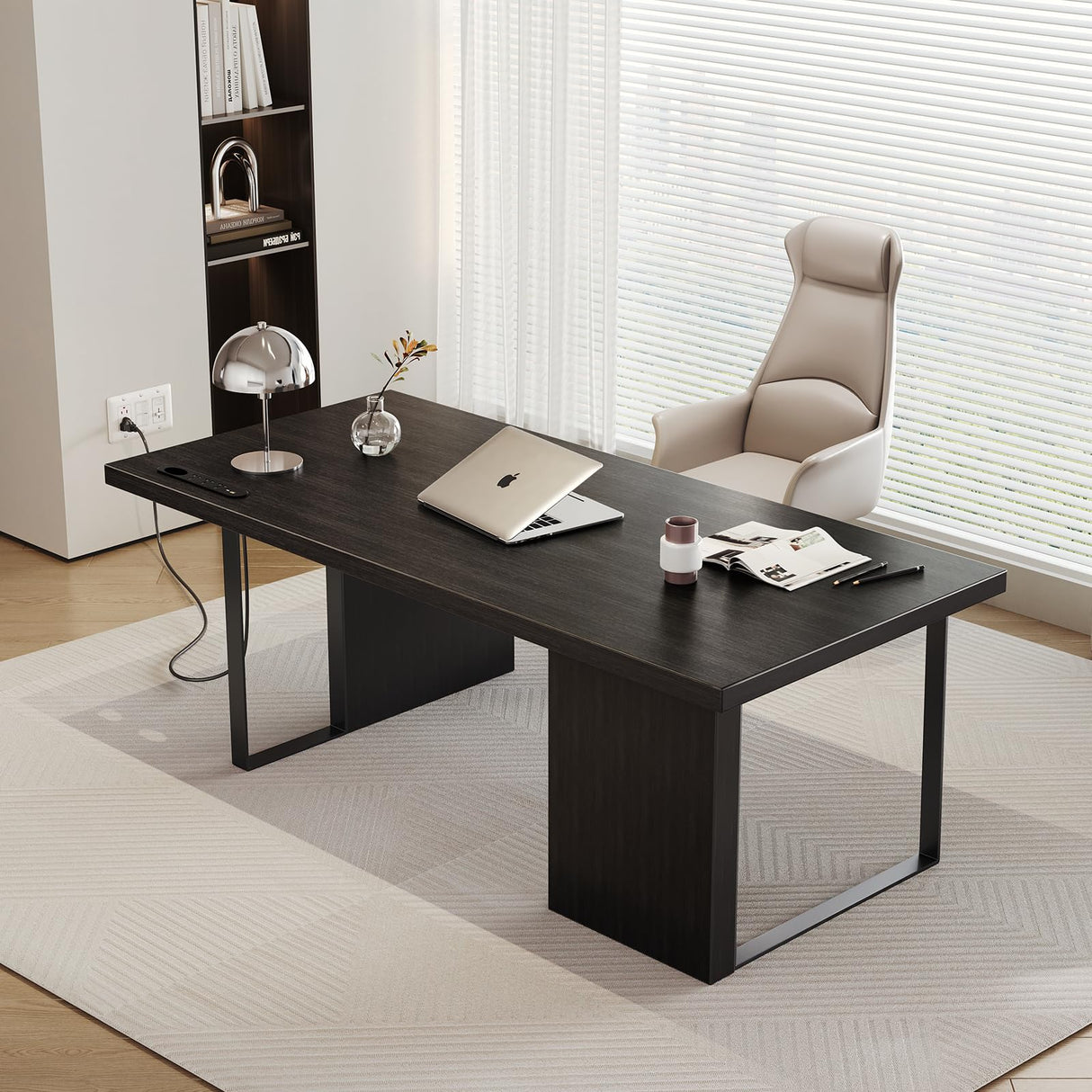 Executive Desk, Large Computer Office Writing Desk with Thickened Desktop, Fingerprint