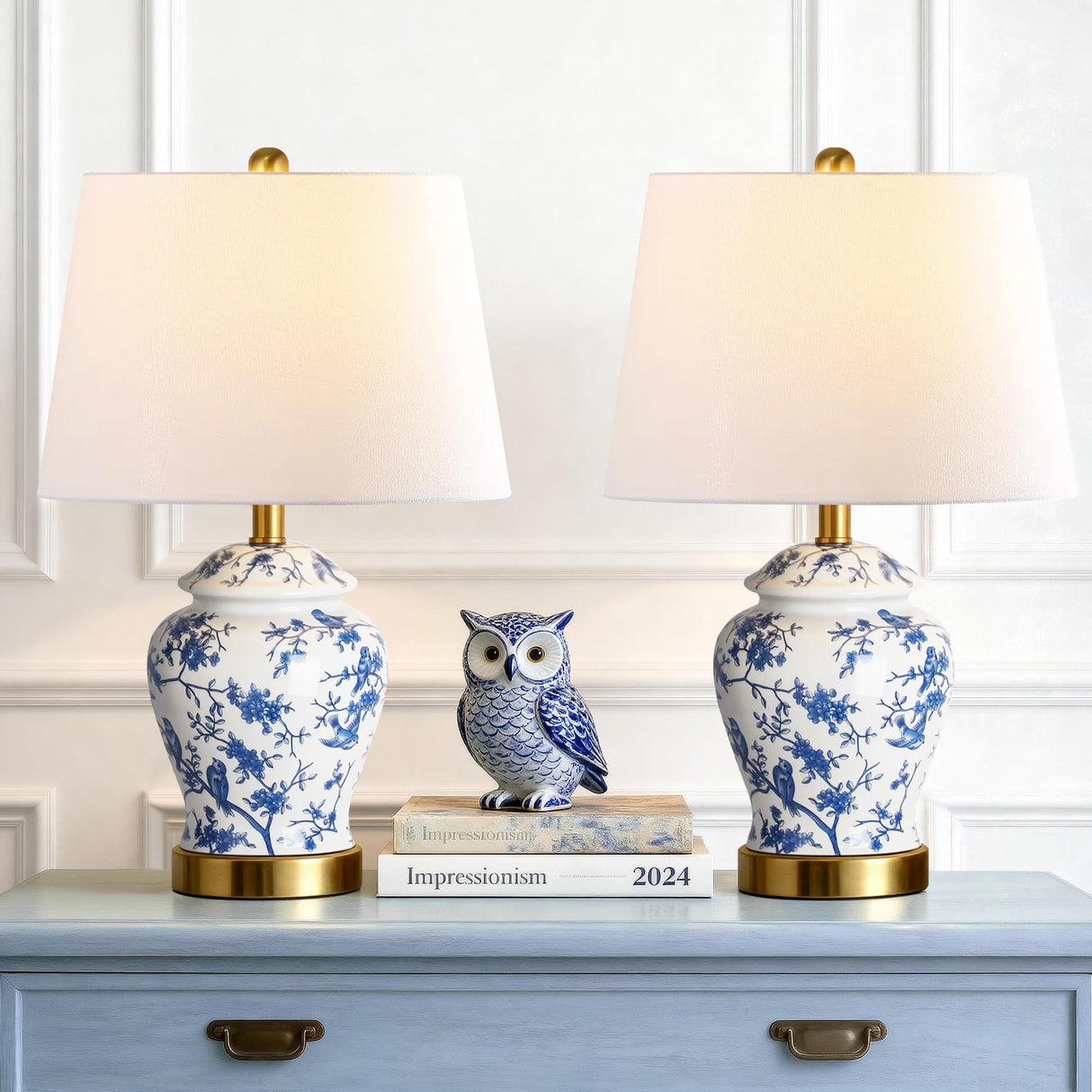 Chinoiserie Ceramic Table Lamps Set of 2 - 22" Blue and White Bedside Lamps