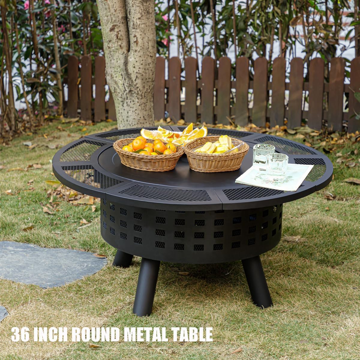 Verdeluxe 36 inch Outdoor Fire Pit with Grill,Wood Burning Firepits for Outside with Lid & Fire Poker,Metal 3 - in - 1 Fire Pit Table with Cooking Grate,Outdoor Fireplaces for Bonfire,Yard,Patio,BBQ - Bircata