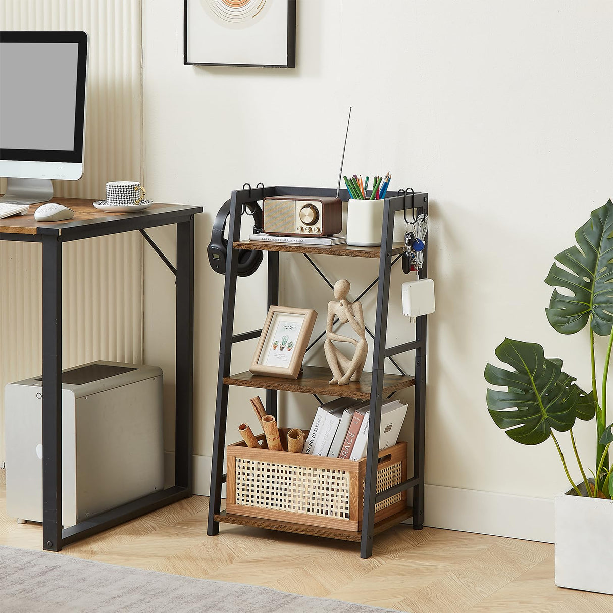 3 Tier Bookshelf, Industrial Bookcase Wood Storage Shelf with Metal Frame for Living Room
