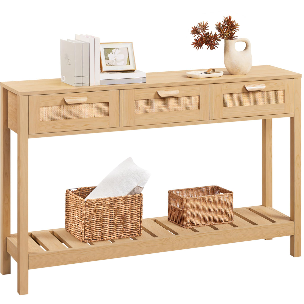 Rattan Console Table, Boho Entryway Table with Storage Drawers and Shelf