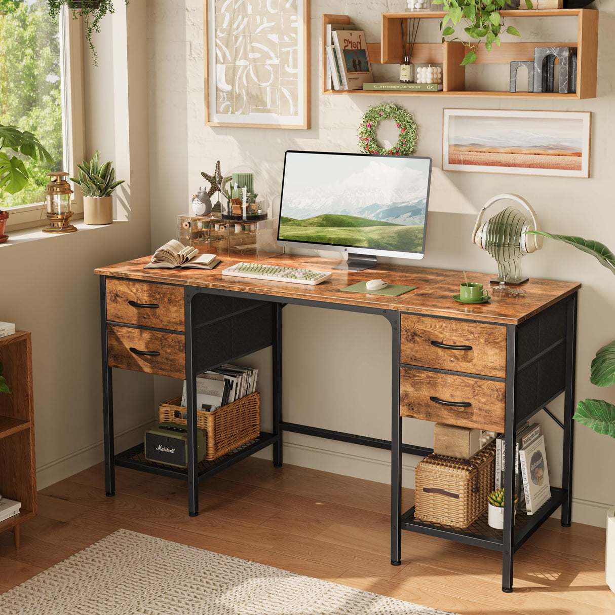 55 Inch Computer Desk with 4 Drawers, Office Desk with Mesh Shelf