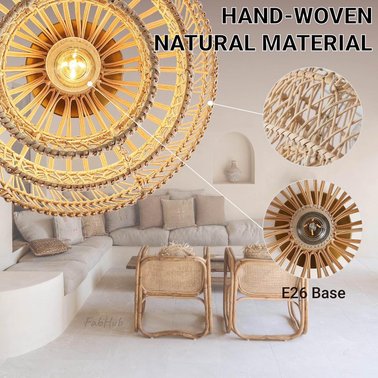 12'' Rattan Ceiling Light Fixtures Boho Chandelier Rattan Semi Flush Mount Ceiling Light