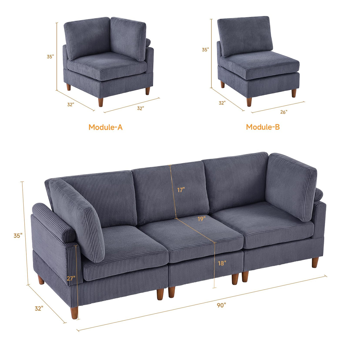 90 Inch Modular Couch, 3 Seater Corduroy Couch, Modern Convertible Sofa, Loose Back,