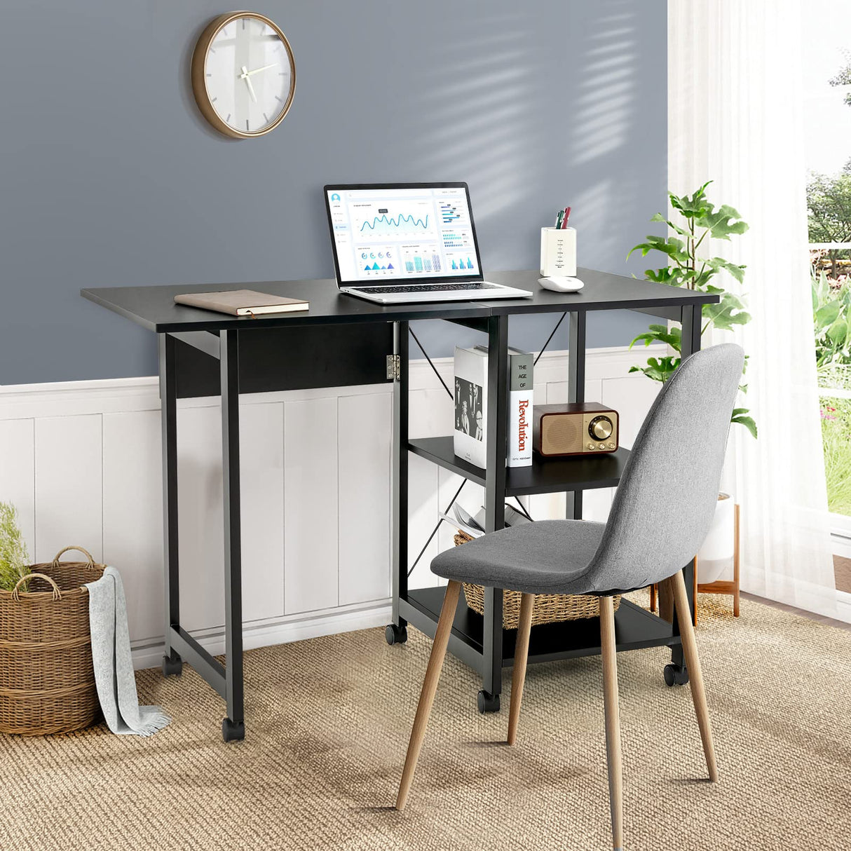 Folding Computer Desk, Modern Writing Table w/ 2-Tier Storage Shelves