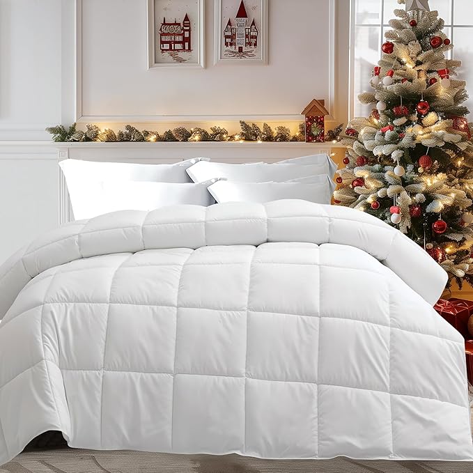 Feather and Down Comforter King Size, Lightweight Duvet Insert, Ultra-Soft 100% Cotton Shell Light Warmth Bedding Comforters(White