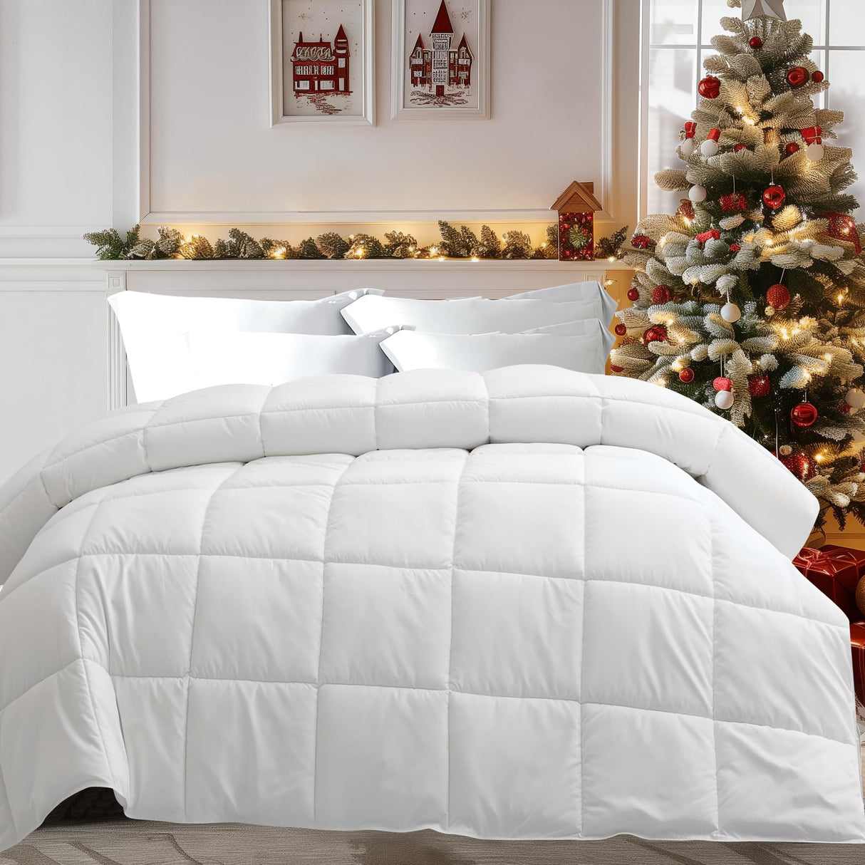 Feather and Down Comforter King Size, Lightweight Duvet Insert, Ultra-Soft 100% Cotton Shell Light Warmth Bedding Comforters(White