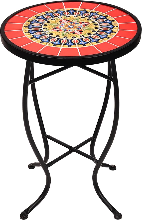 14 Inch Round Side Ceramic Tile Top Indoor and Outdoor Accent Table, Sun