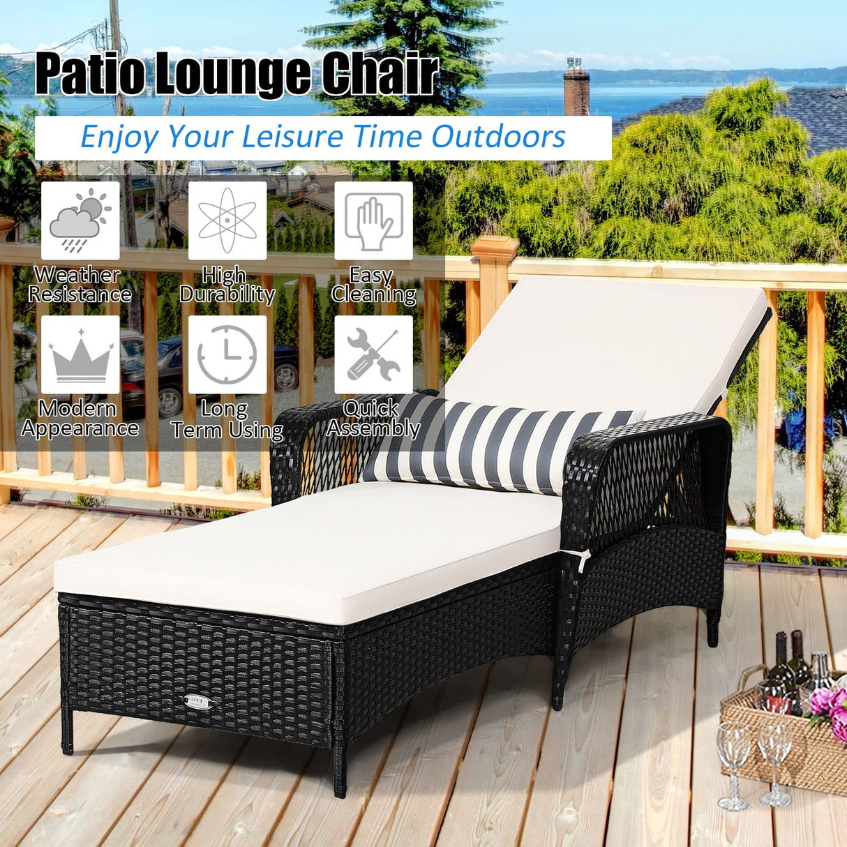 LUARANE Patio Wicker Chaise Lounge, Outdoor Rattan Leisure Recliner, Included Thick Cushion and Removable Lumbar Pillow, 6-Position Adjustable Backrest Suitable for Lawn, Beach, Balcony