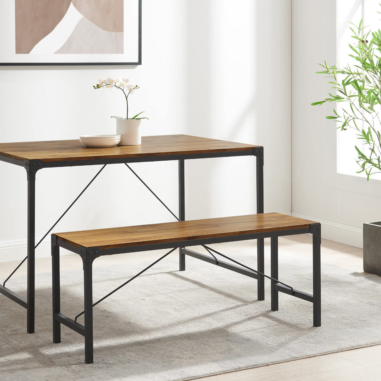 Avenue Metal and Wood Angle Iron Dining Bench