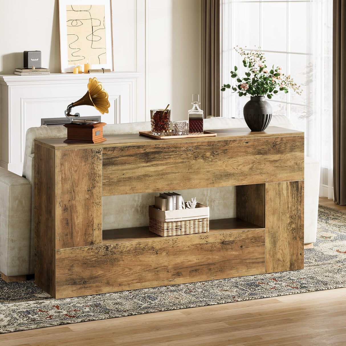 63-Inch Farmhouse Console Table, Wooden Entryway Sofa Table Behind The Couch