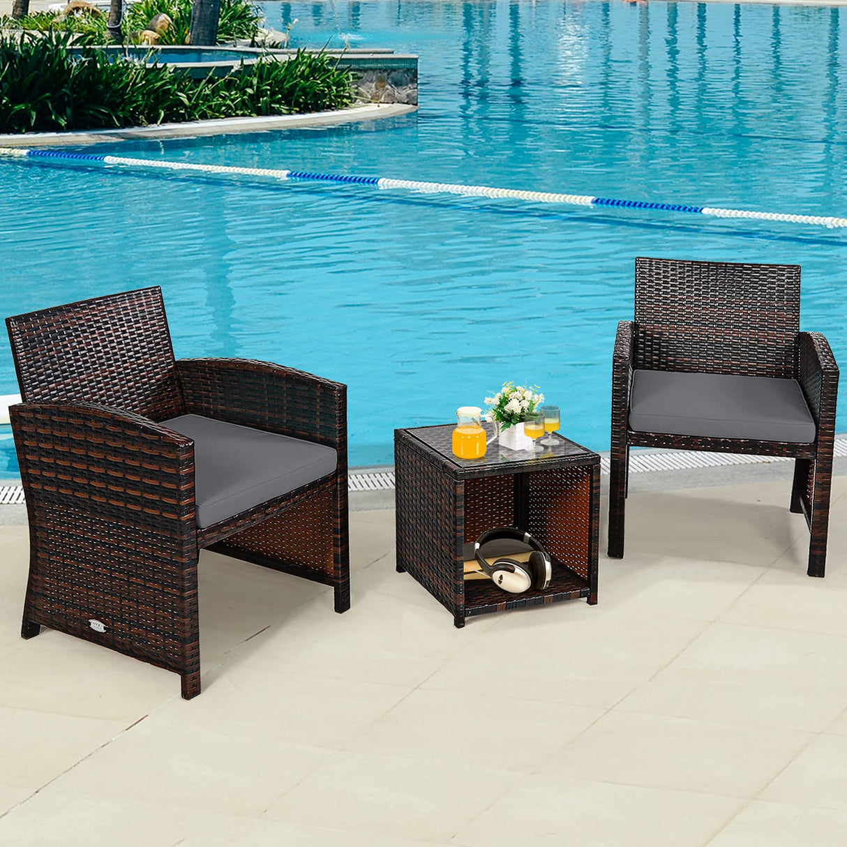 3-Piece Outdoor PE Rattan Furniture Set, Patio Conversation Set w/Chair & Storage Coffee Table