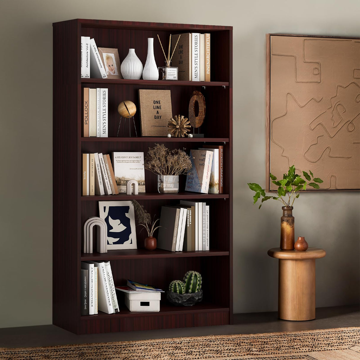 Soohow 5 Shelf Bookcase,60 Inch Wood Tall Bookshelves for Living Room,Mahogany