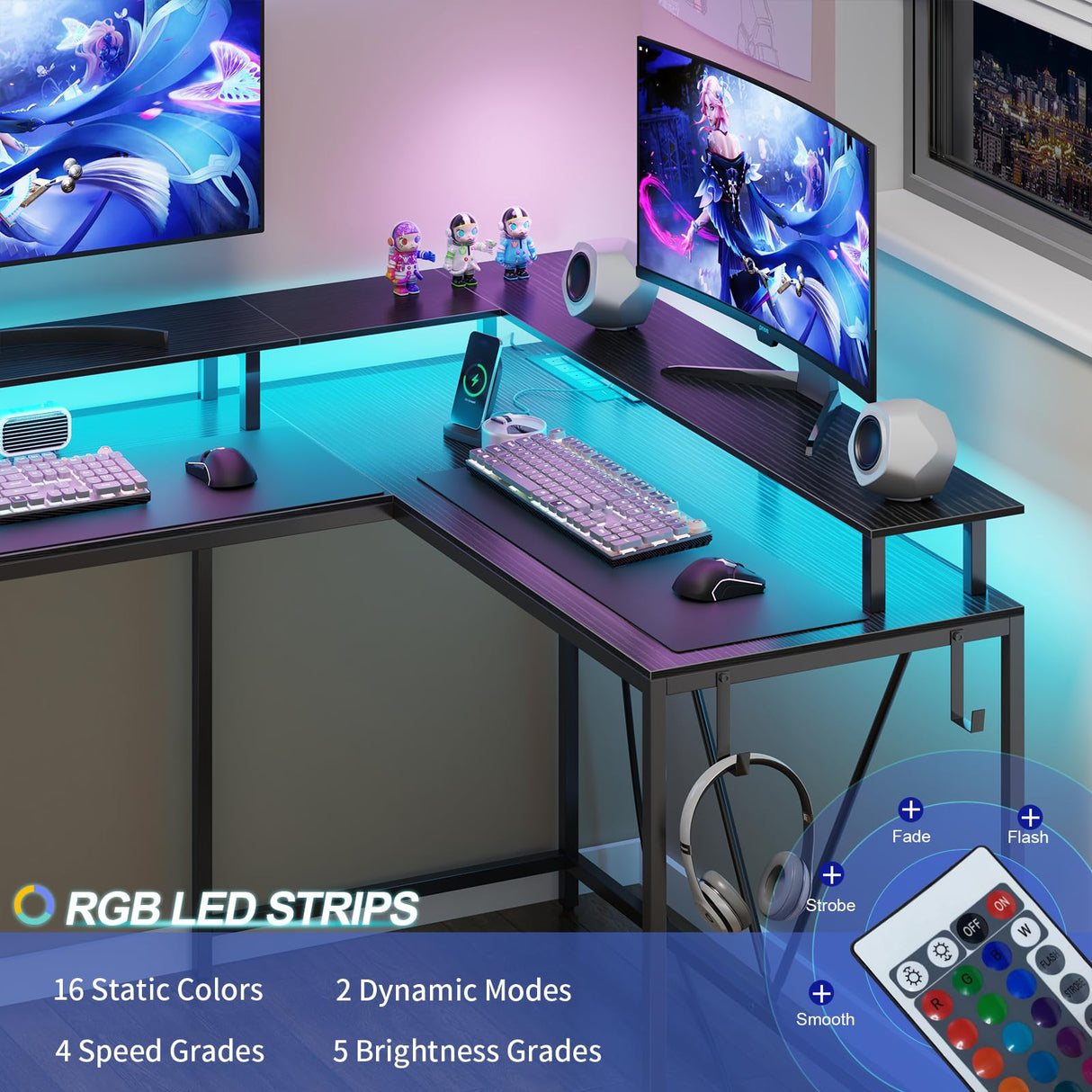 Eivanet 53inch L Shaped Desk,L Shaped Gaming Desk with Power Outlets & LED Lights