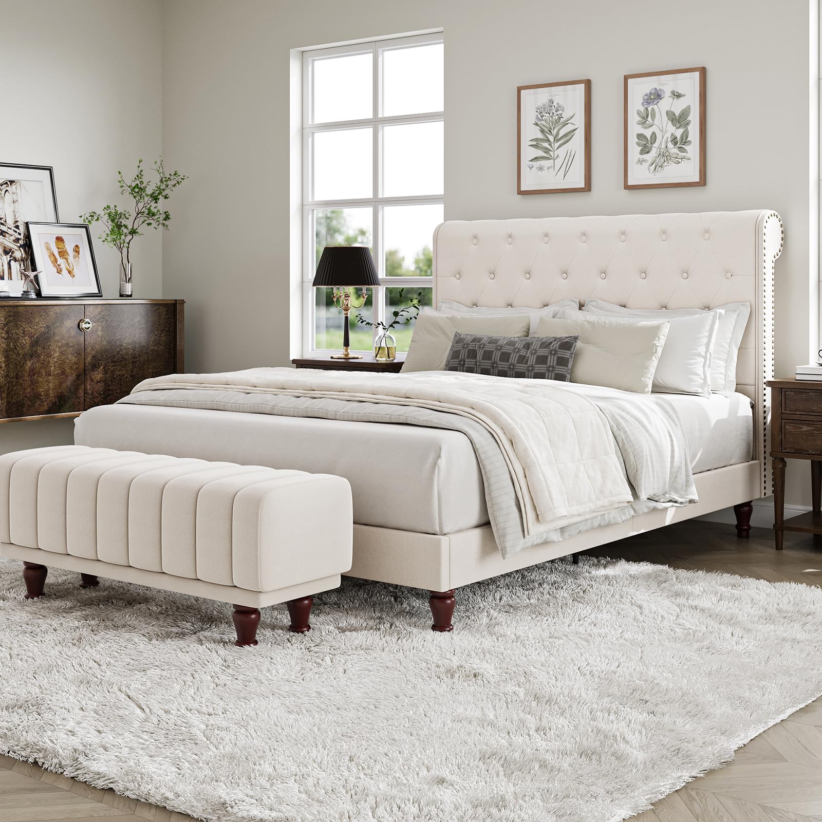 Queen Bed Frame with Headboard Sleigh Bed Frame Upholstered Platform