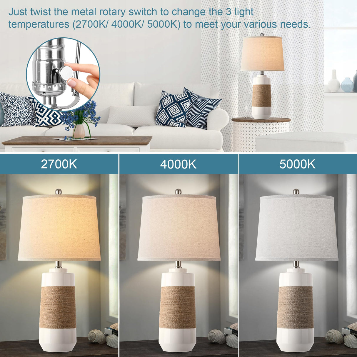 White Boho Ceramic Table Lamps Set of 2 with Rope Accent