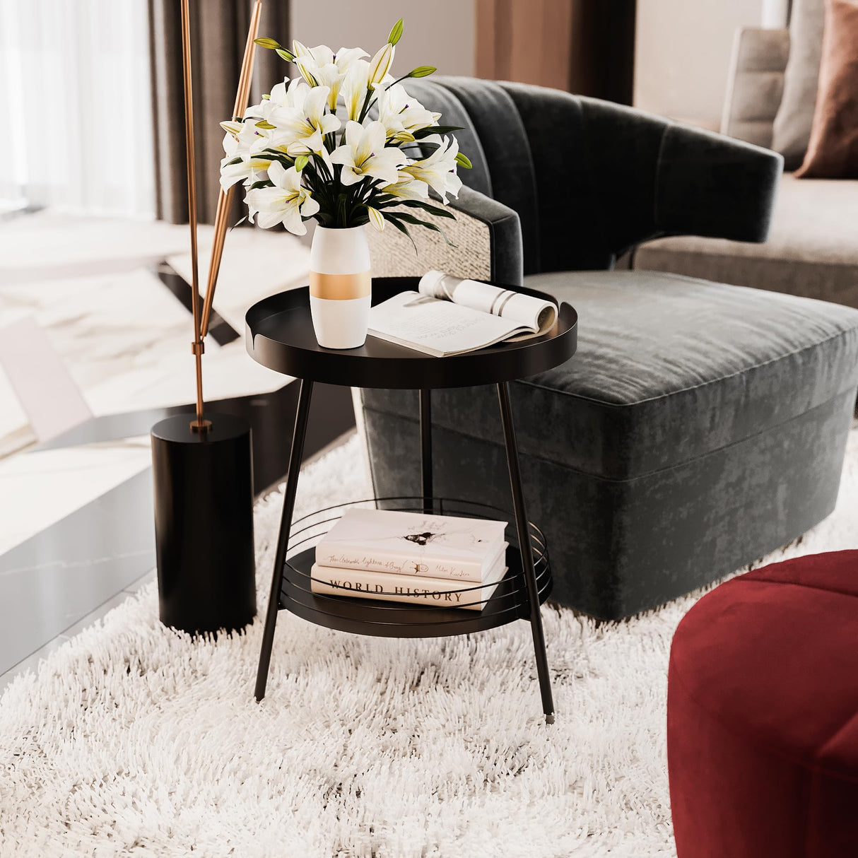 2 Tier Round Side Table, Modern Small Table for Small Spaces Living Room Indoor Outdoor (Black) - Bircata