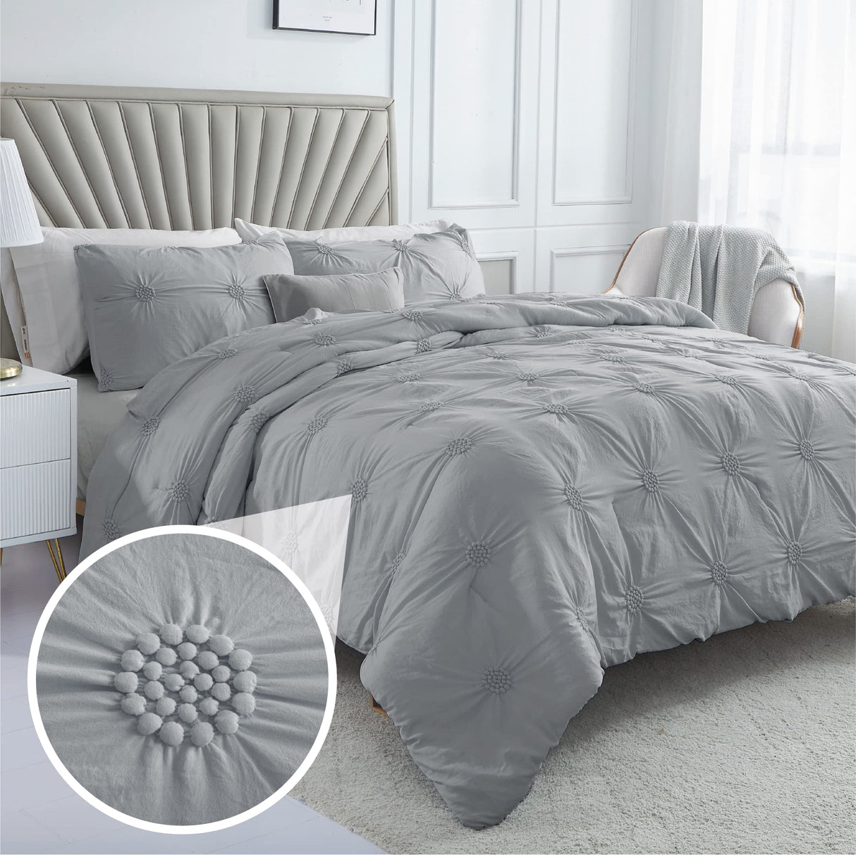 King Gray Comforter Set - Ruched 3D Floral Pintuck Bedding Set - 3 Pieces Bed Linen, 1 Comforter and 2 Pillow Shams