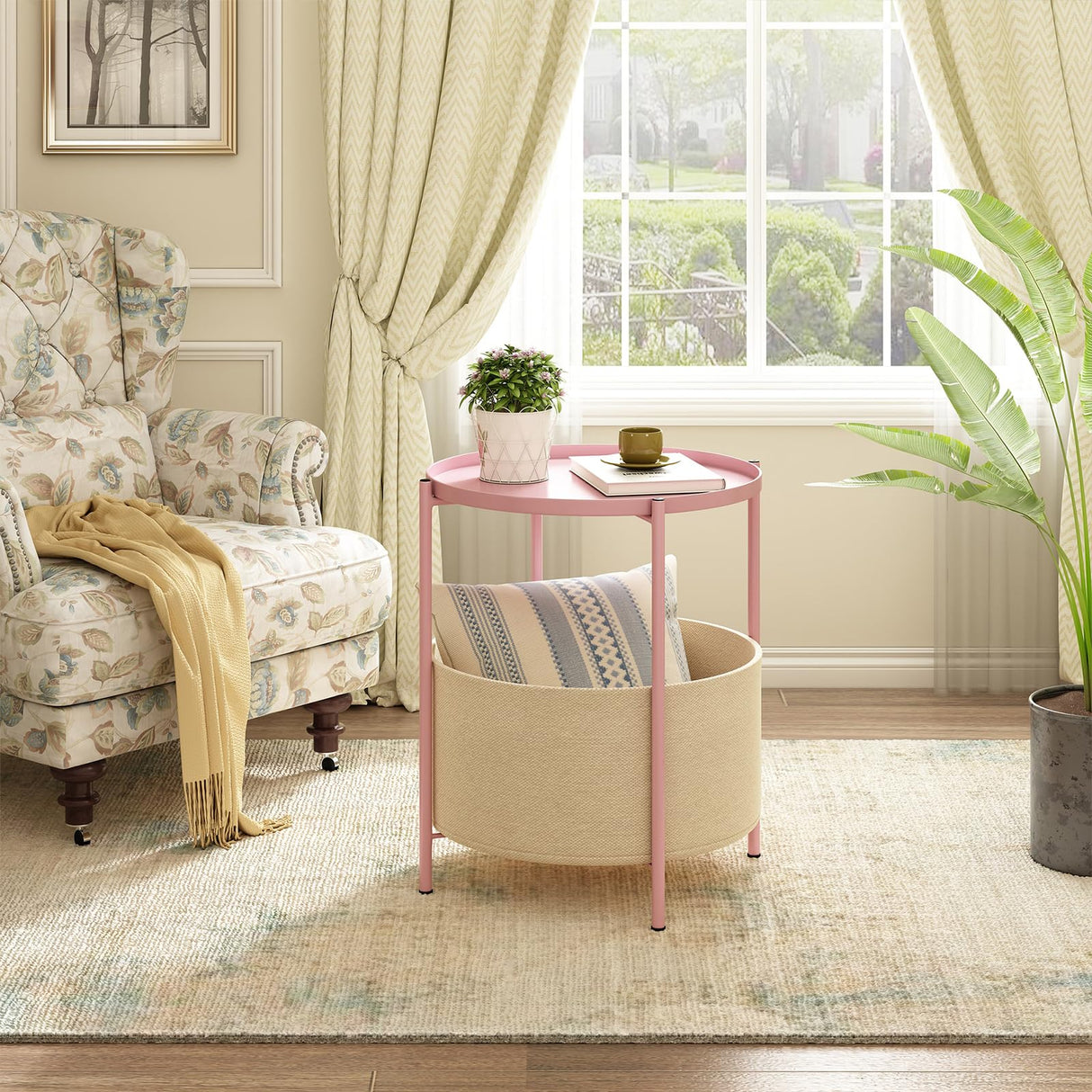 Round Side Table, Bedside Table, Pink Nightstand, Metal Side Table