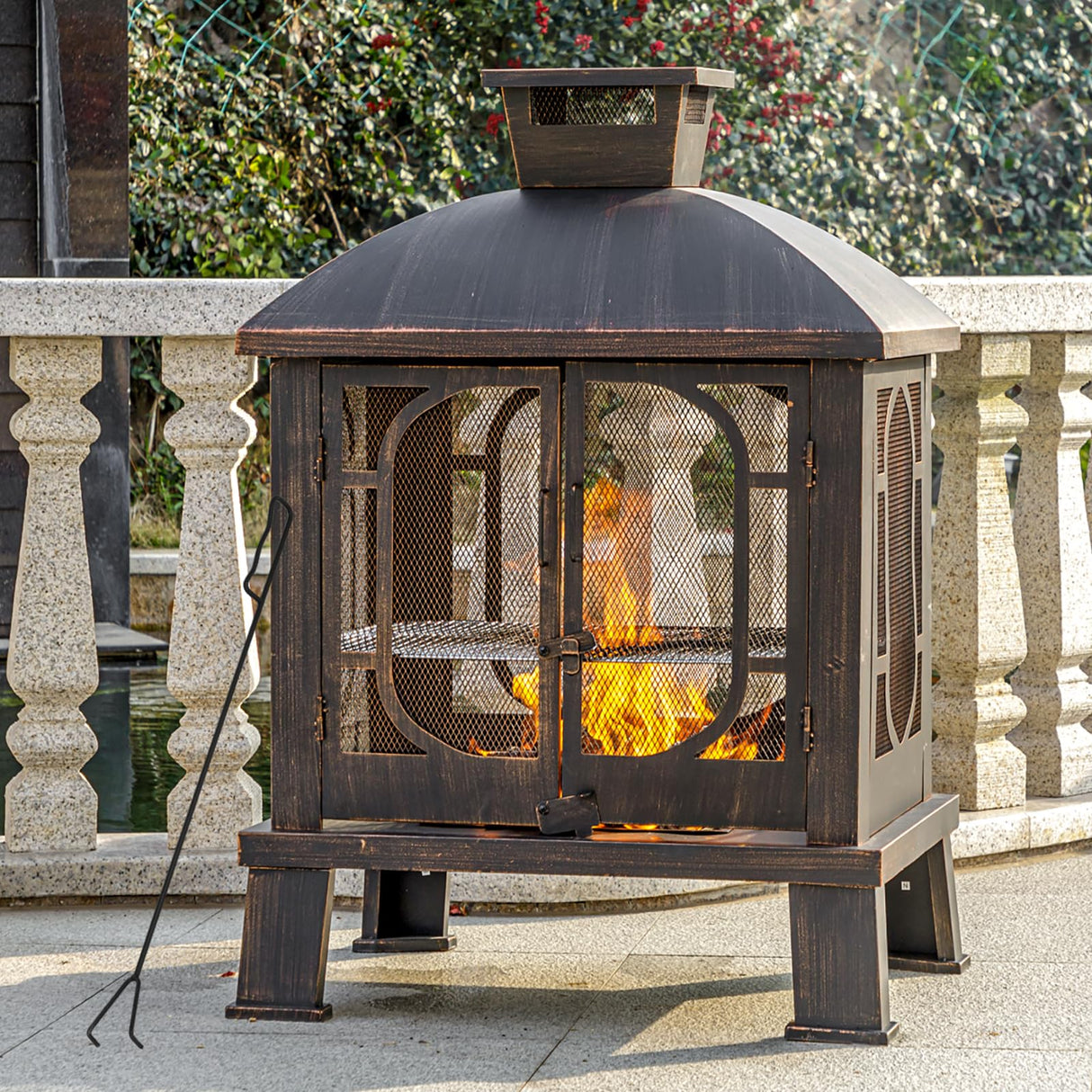45" H×31''W Metal Chiminea Fire Pit with Grill, Wood Burning Fire Pits for Outside