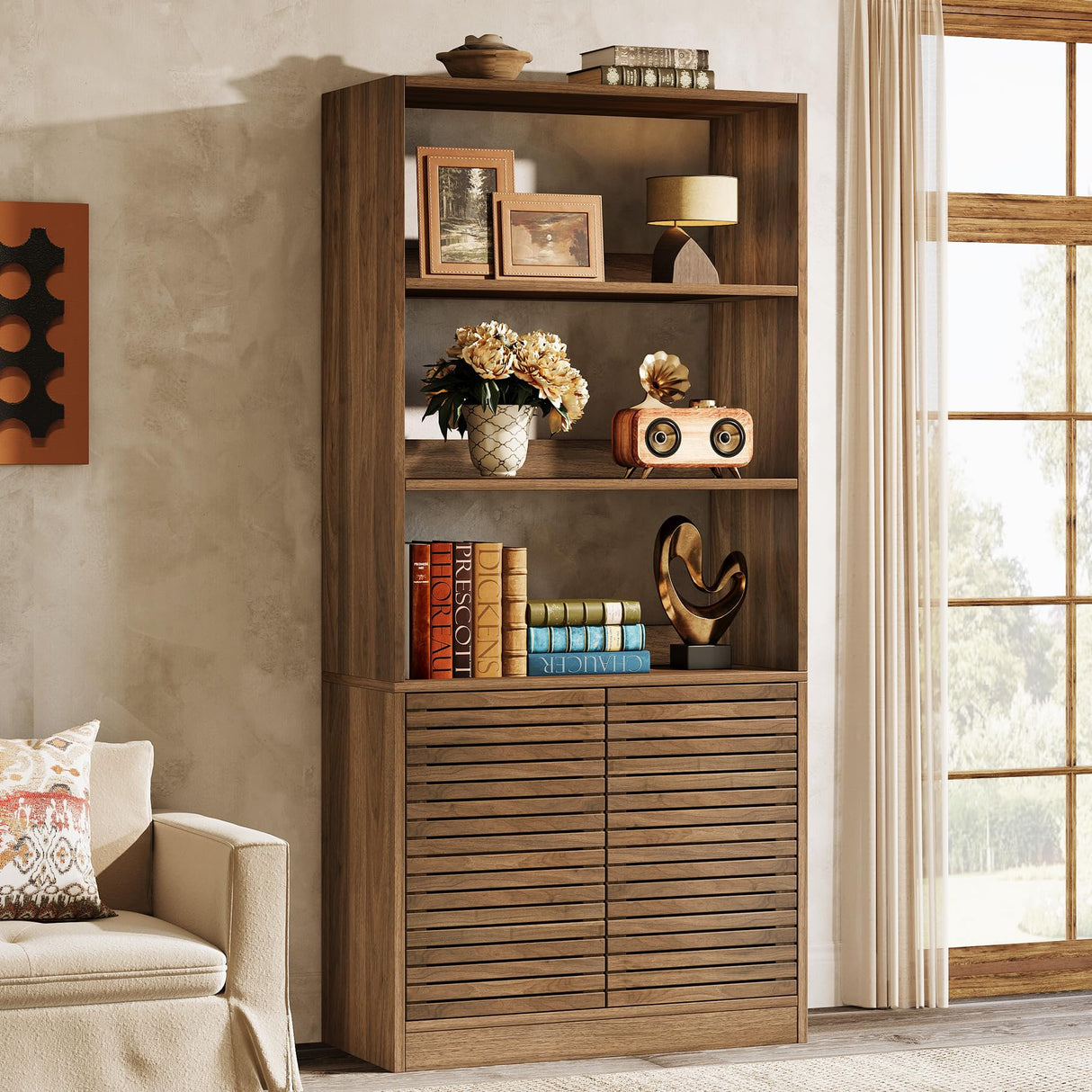 Bookshelf with Cabinet & Open Shelves, 68" Tall Bookcase with Shutter Doors, Floor Standing Wood Office Storage Cabinet with Adjustable Shelf for Living Room, Home Office (Rustic Brown)