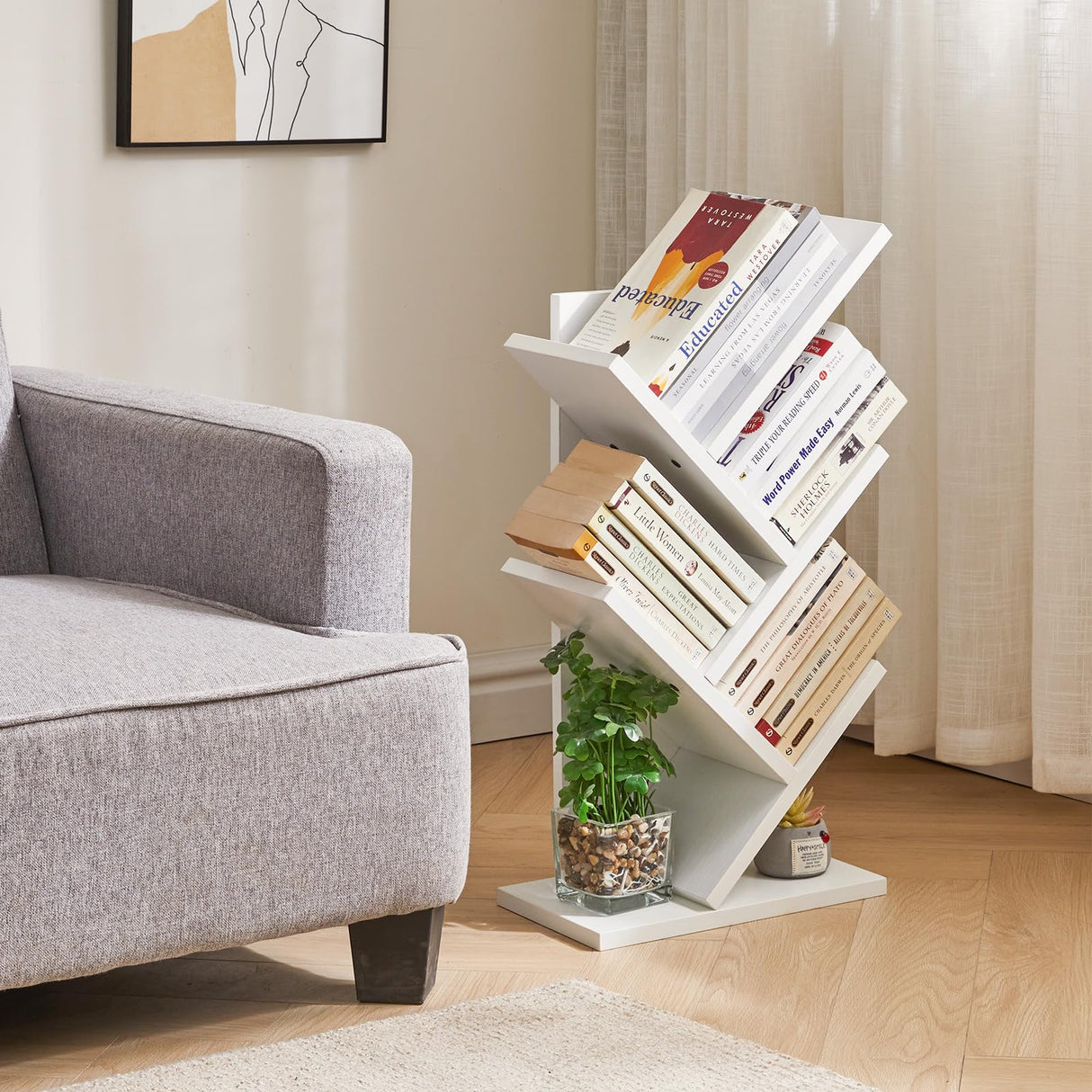 YMYNY 4 Tier Tree Bookshelf, Small Bookcase, Modern Wood Book Storage Rack, Freestanding Book Shelf for Books/Movies/CDs, Narrow Display Rack for Living Room, Home Office, White UHBC014W