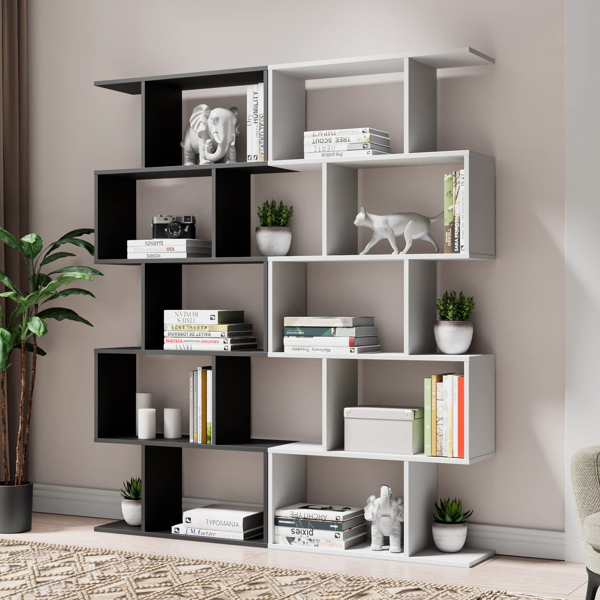 Set of 2 Geometric Bookcase, S-Shaped Modern Bookshelf, Room Divider Bookshelf, 62" Tall Unique Abstract Bookcase with 5-Tier Display Shelf for Living Room Office, White & Black
