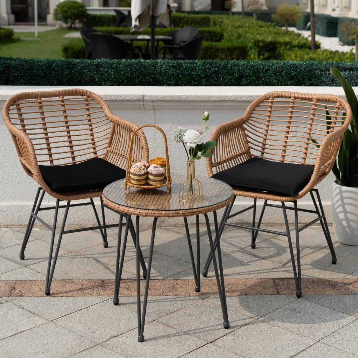 3 Piece Outdoor Wicker Furniture Patio Bistro Set, Balcony Furniture Rattan Conversation