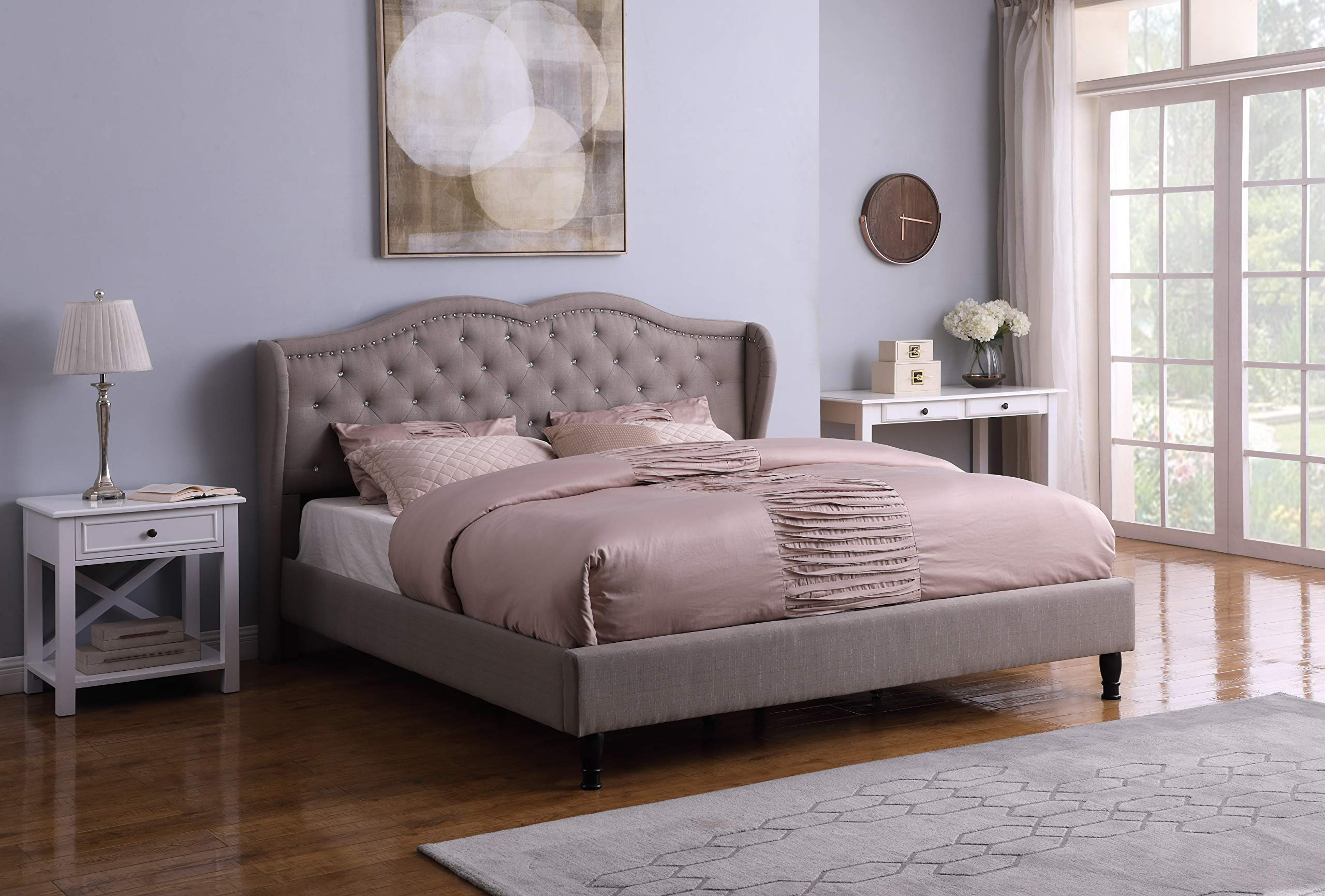 Premiere Curved Classics Cloth Light Grey Silver Linen 51" Tall Headboard Platform Bed