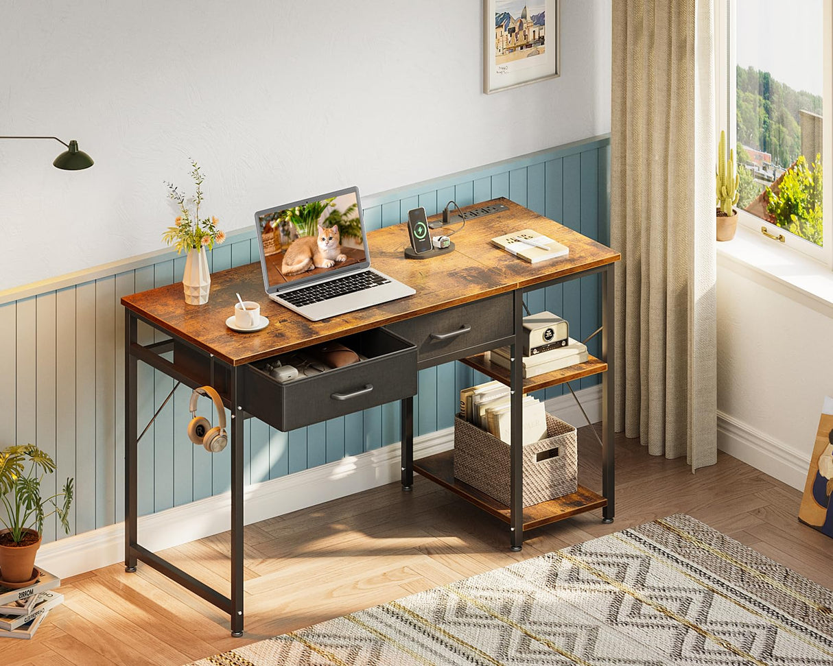 Laptop Desk, 40 Inch Small Desk with Drawers & Power Outlet for Bedroom