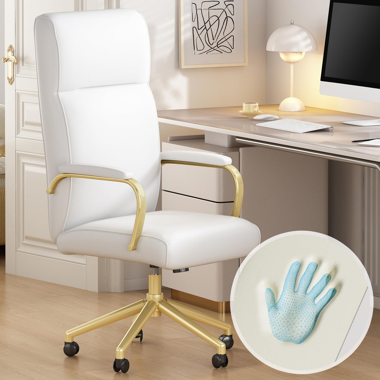 White and Gold Office Chair - Memory Foam High Back Executive Desk Chair