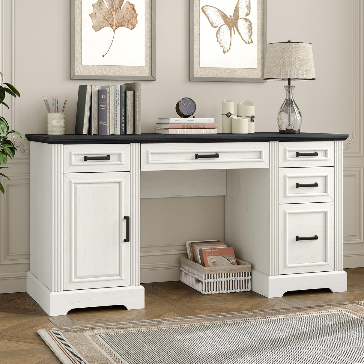 Executive Desk, Farmhouse Computer Desk with Drawers and Cabinet with Charging