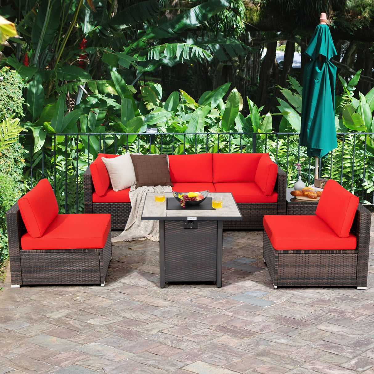 7 Piece Patio Furniture Set with Fire Pit Table, Patiojoy Outdoor PE Wicker Conversation Sectional Sofa Set