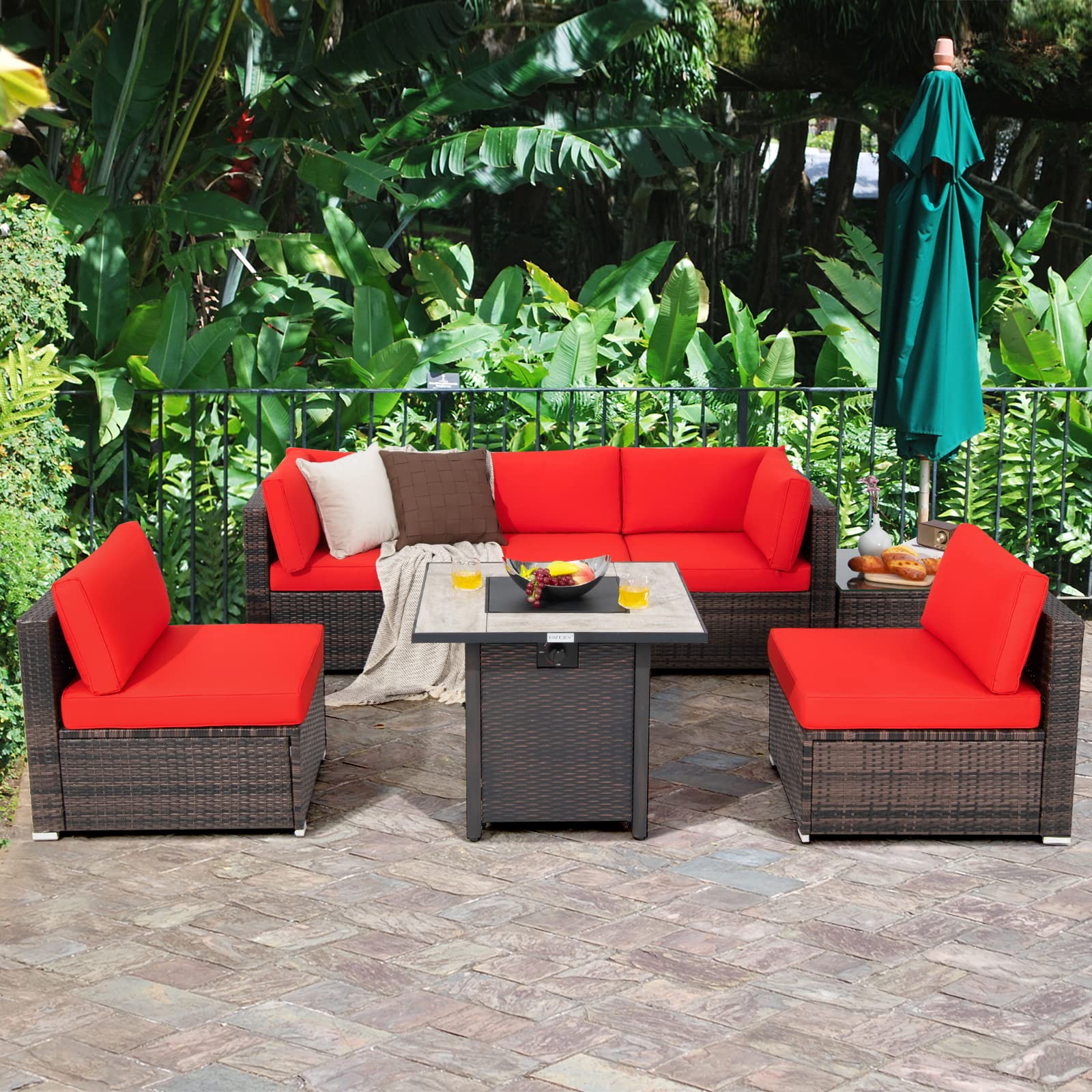 7 Piece Patio Furniture Set with Fire Pit Table, Patiojoy Outdoor PE Wicker Conversation Sectional Sofa Set