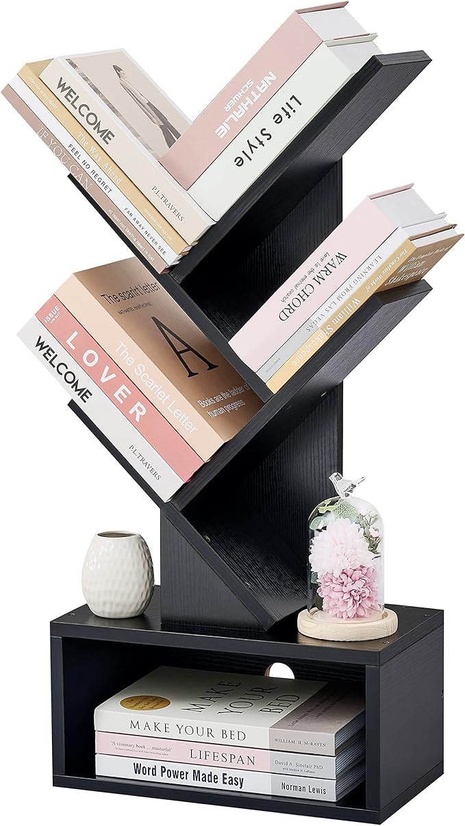 6 Tier Tree Bookshelf, Tall Bookcase with Drawer, Freestanding Book Shelf