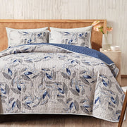 2 Pieces Microfiber Quilt Set, Botanical Blue Leaves on Light Gray Reversible