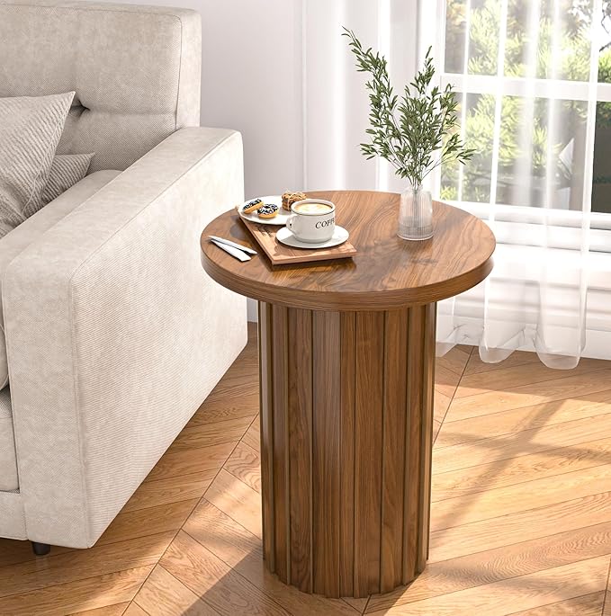 Farmhouse Pedestal End Table Round Side Table with Fluted Panel Rustic Drink Table