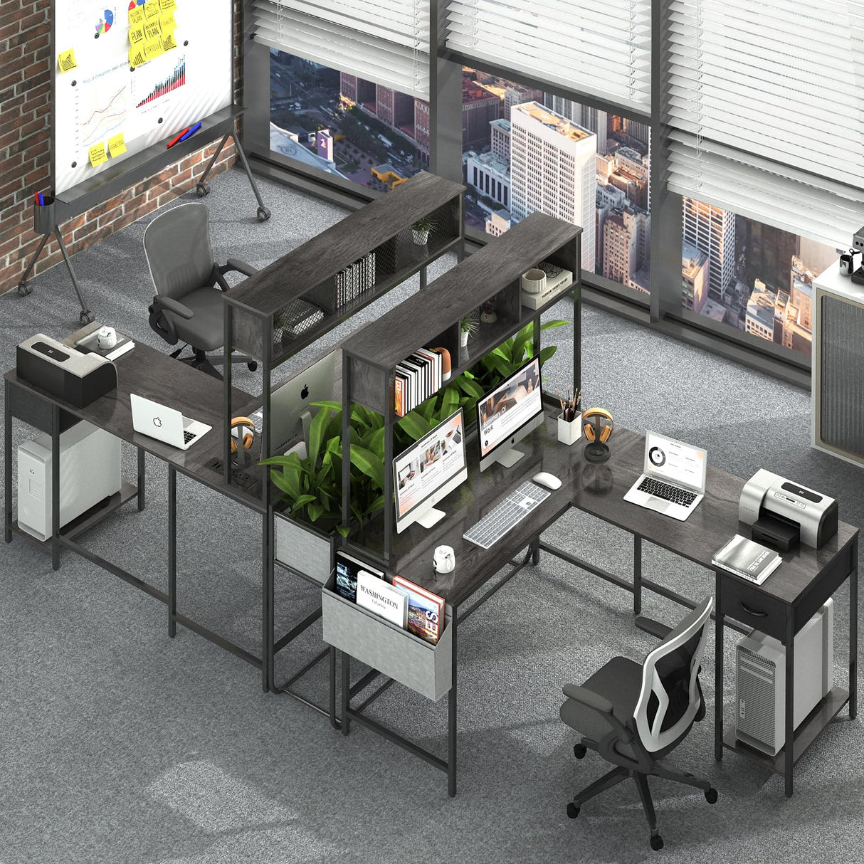 Shaped Desk Gaming Desk with LED Strip & Power Outlet, Reversible L-Shaped Computer