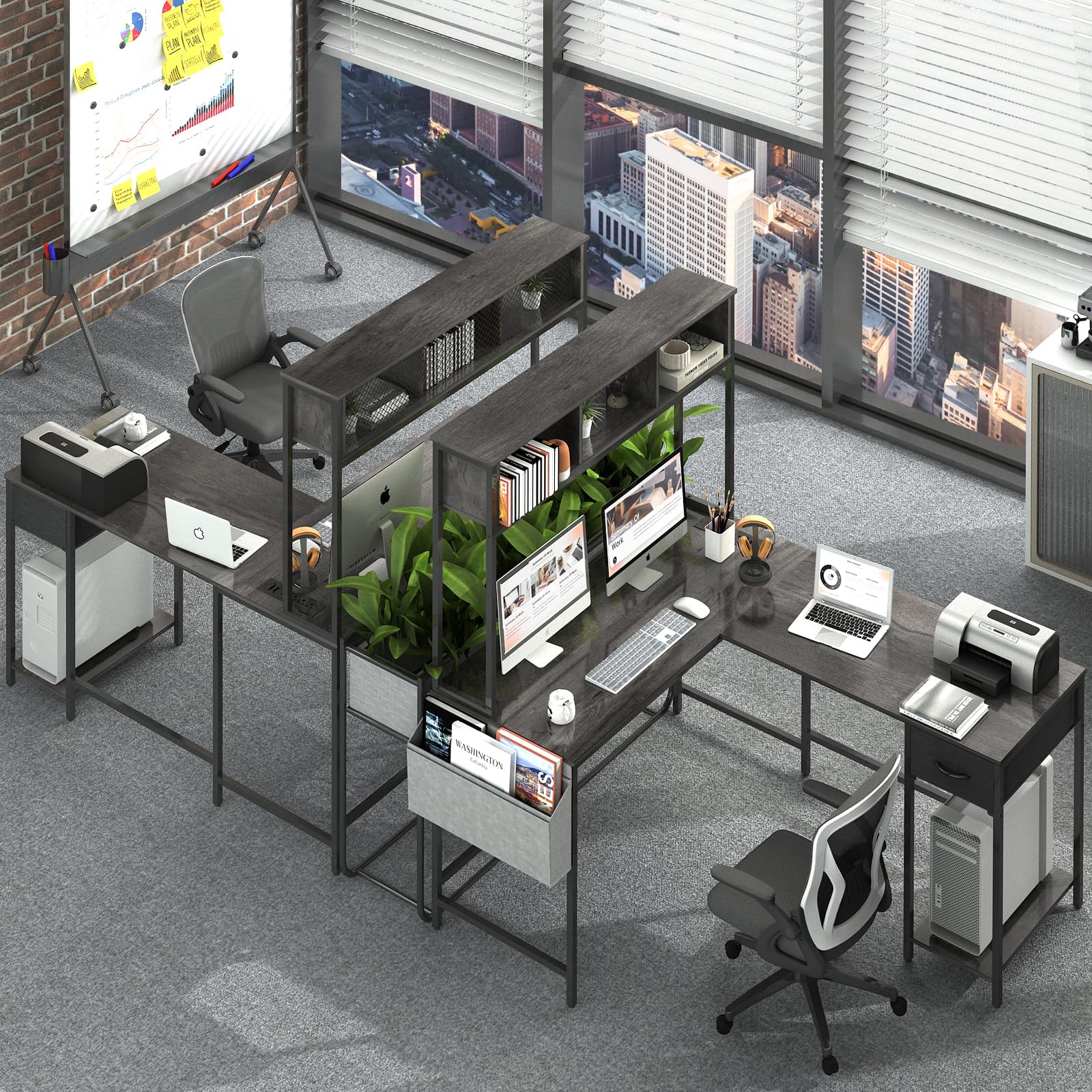 Shaped Desk Gaming Desk with LED Strip & Power Outlet, Reversible L-Shaped Computer