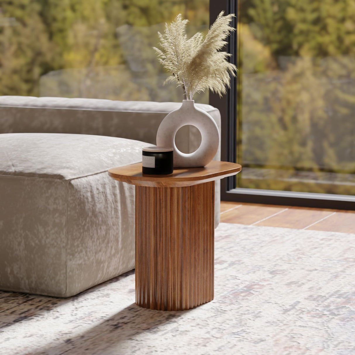 Living Room Side Table with Solid Mango Wood Top and Sculptured Ribbed Base