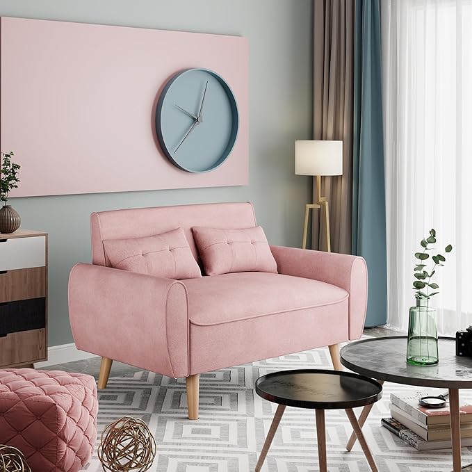 47" Small Modern Loveseat Sofa, Mid Century Linen Fabric 2-Seat Sofa