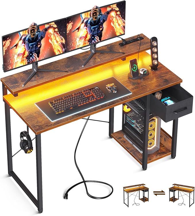 Gaming Desk with LED Lights & Power Outlet, 40 Inch Computer Desk with Drawer